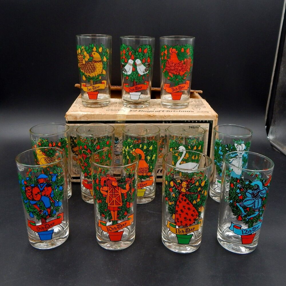 Brockway Complete Box TWELVE DAYS OF CHRISTMAS Glassware Set 12 Tumblers